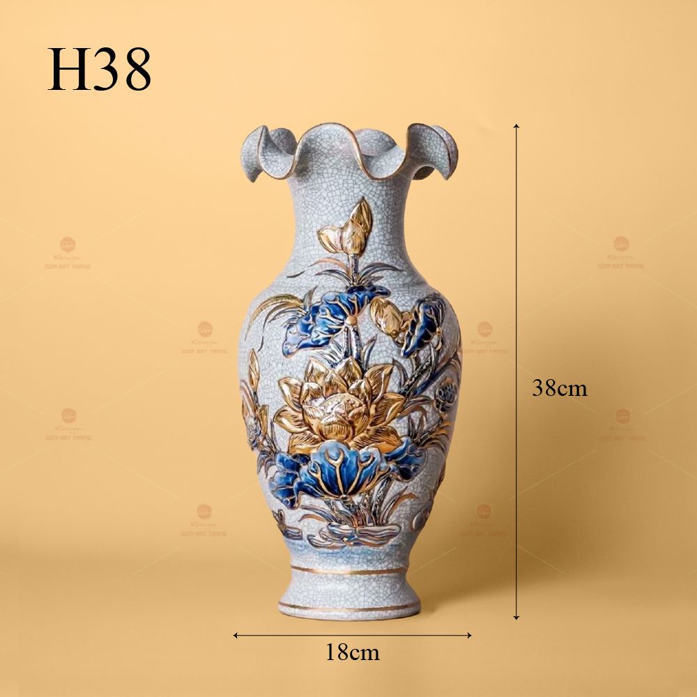 Lọ Hoa Miệng Lượn Men Rạn Vẽ Vàng Họa Tiết Hoa Sen