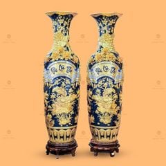 Lộc Bình Phúc Lộc Thọ Men Xanh Coban Đắp Nổi Dát Vàng