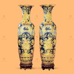 Lộc Bình Phúc Đức Men Xanh Coban Đắp Nổi Dát Vàng