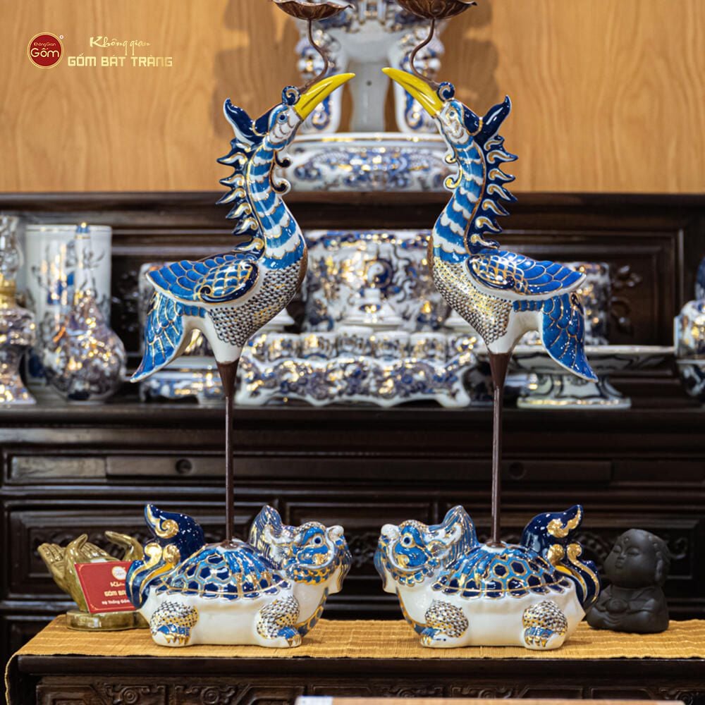 Hạc Thờ Men Lam Vẽ Vàng Kim (Chiếc)