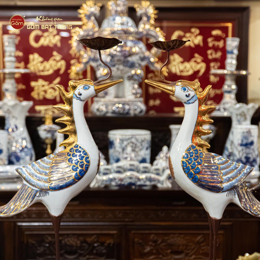 Hạc Thờ Men Lam Vẽ Vàng (Chiếc)