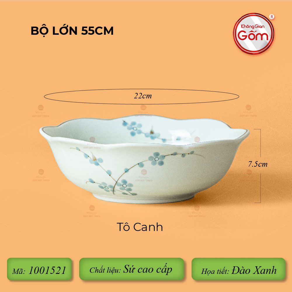 Bộ Bát Đĩa Hoa Mặt Trời Men Kem Hoa Đào Xanh