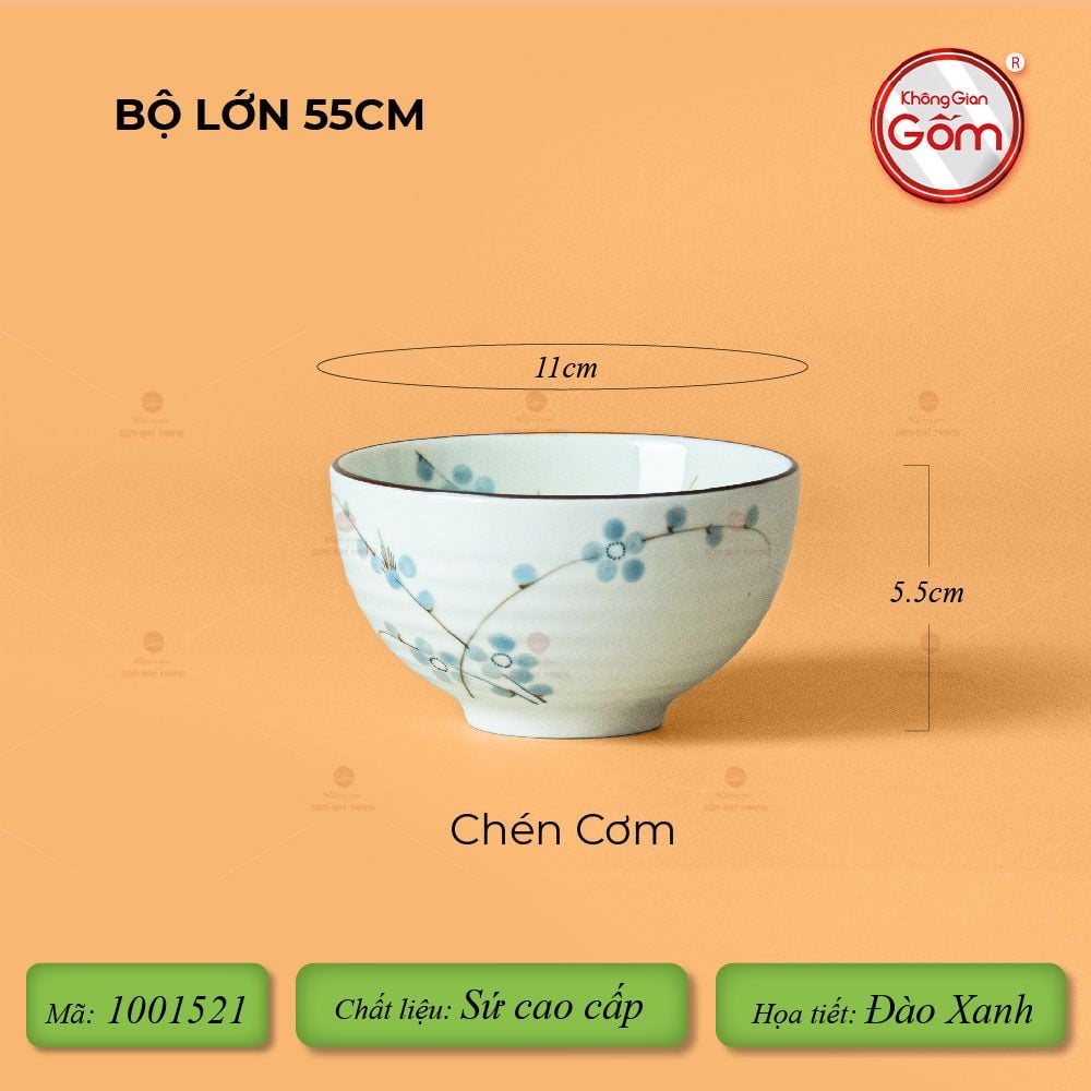 Bộ Bát Đĩa Hoa Mặt Trời Men Kem Hoa Đào Xanh