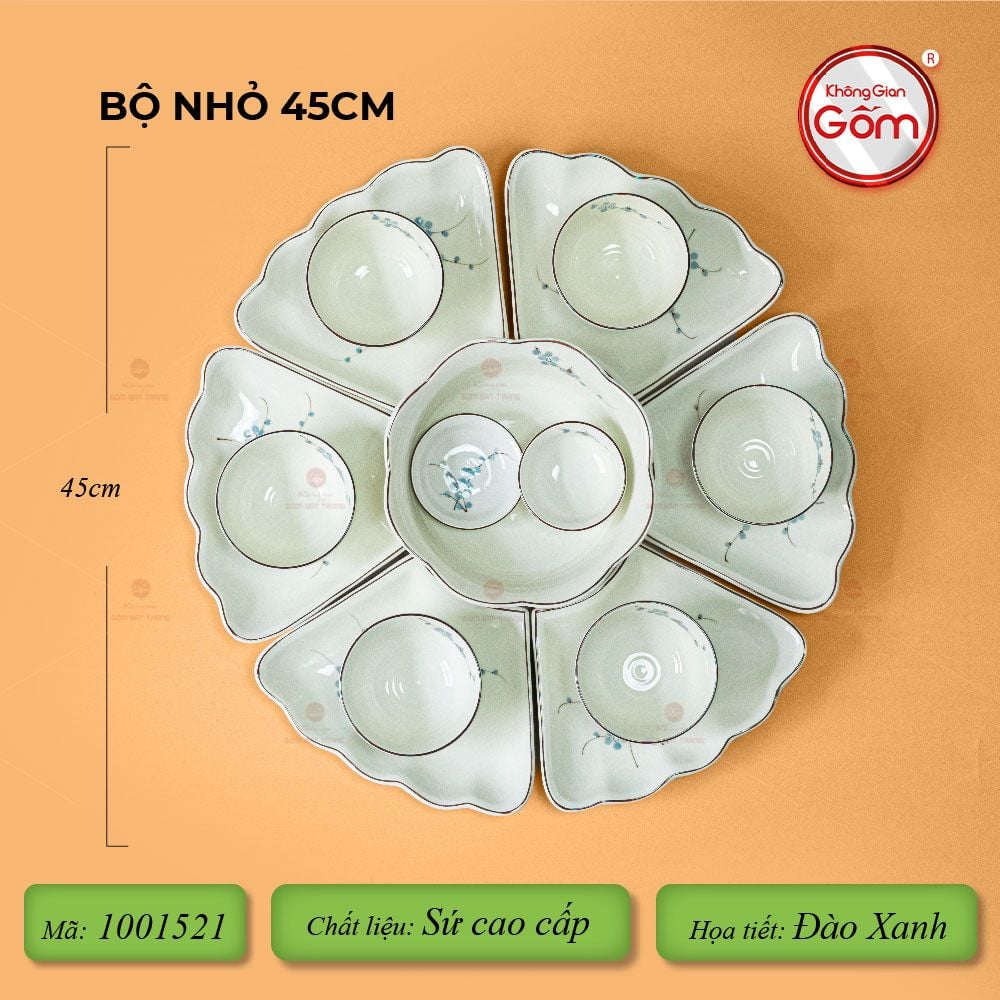 Bộ Bát Đĩa Hoa Mặt Trời Men Kem Hoa Đào Xanh