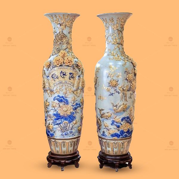 Lộc Bình Phúc Lộc Thọ Men Rạn Đắp Nổi Vẽ Vàng