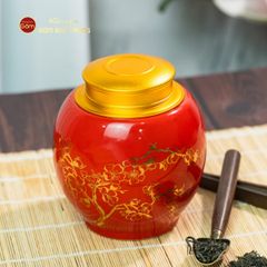 Hũ Đựng Trà Men Đỏ Họa Tiết Hoa Mai Vẽ Vàng
