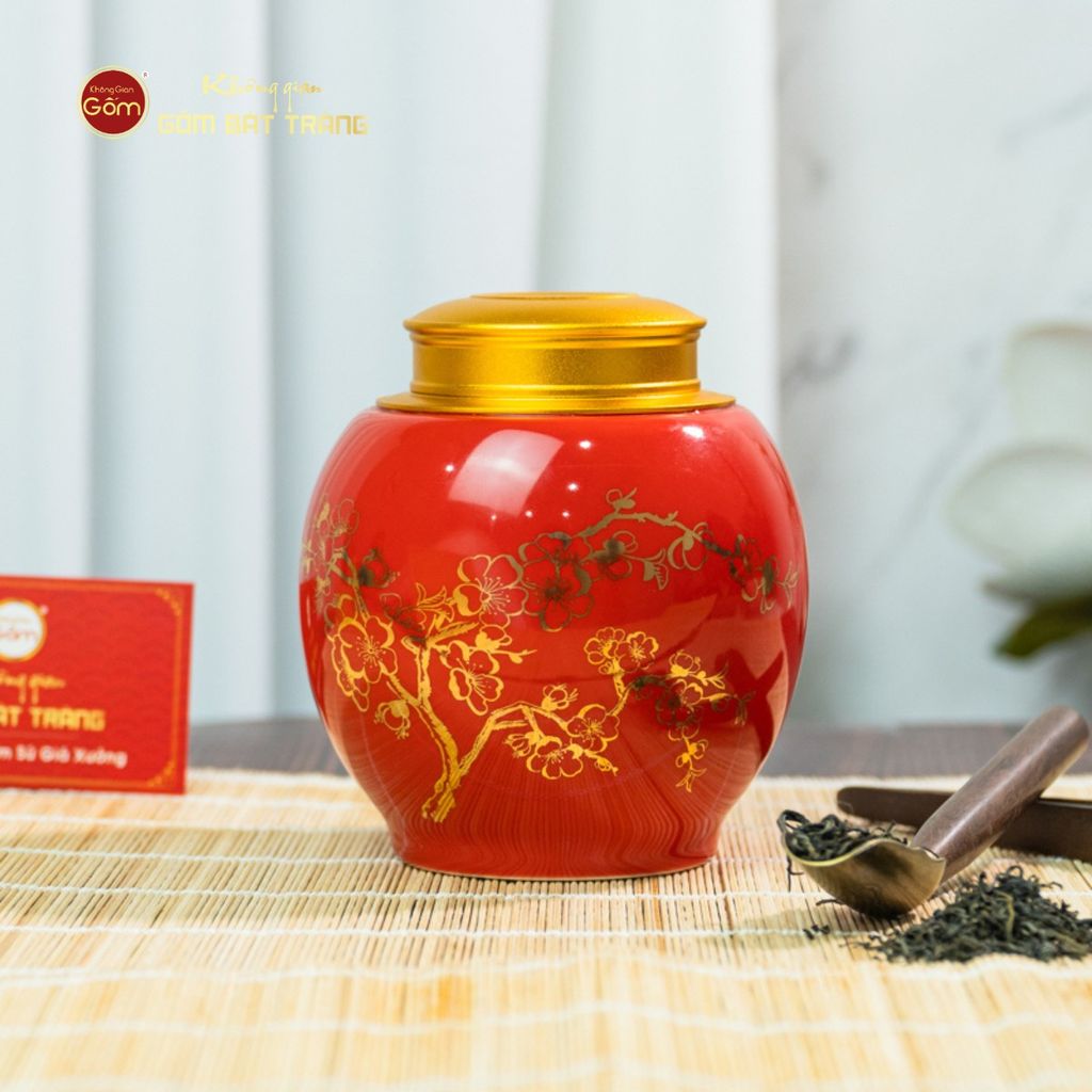 Hũ Đựng Trà Men Đỏ Họa Tiết Hoa Mai Vẽ Vàng