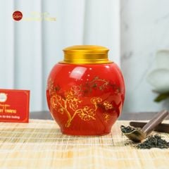 Hũ Đựng Trà Men Đỏ Họa Tiết Hoa Mai Vẽ Vàng