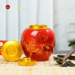 Hũ Đựng Trà Men Đỏ Họa Tiết Hoa Mai Vẽ Vàng