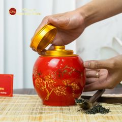 Hũ Đựng Trà Men Đỏ Họa Tiết Hoa Mai Vẽ Vàng