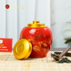 Hũ Đựng Trà Men Đỏ Họa Tiết Hoa Mai Vẽ Vàng