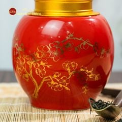 Hũ Đựng Trà Men Đỏ Họa Tiết Hoa Mai Vẽ Vàng