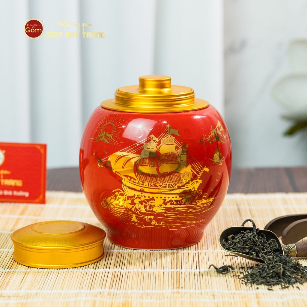 Hũ Đựng Trà Men Đỏ Họa Tiết Thuận Buồm Xuôi Gió Vẽ Vàng