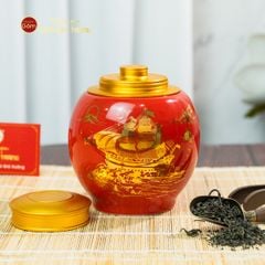 Hũ Đựng Trà Men Đỏ Họa Tiết Thuận Buồm Xuôi Gió Vẽ Vàng