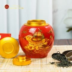 Hũ Đựng Trà Men Đỏ Họa Tiết Thuận Buồm Xuôi Gió Vẽ Vàng