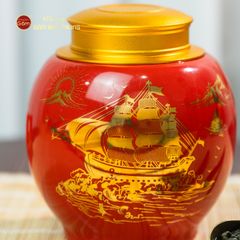 Hũ Đựng Trà Men Đỏ Họa Tiết Thuận Buồm Xuôi Gió Vẽ Vàng
