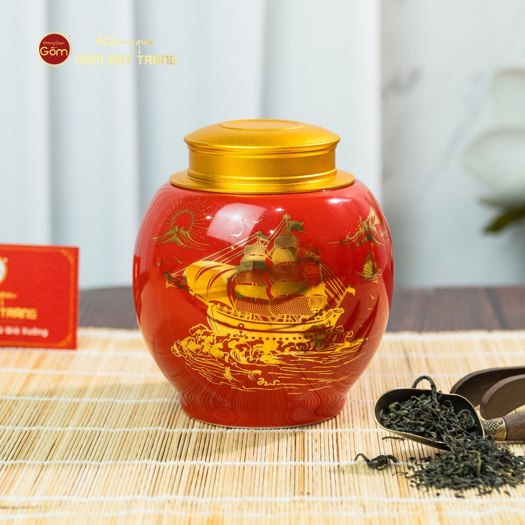 Hũ Đựng Trà Men Đỏ Họa Tiết Thuận Buồm Xuôi Gió Vẽ Vàng