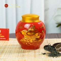 Hũ Đựng Trà Men Đỏ Họa Tiết Thuận Buồm Xuôi Gió Vẽ Vàng