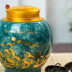 Hũ Đựng Trà Men Lam Mã Đáo Thành Công Vẽ Vàng