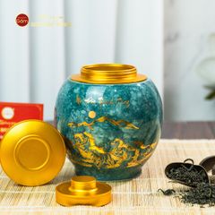 Hũ Đựng Trà Men Lam Mã Đáo Thành Công Vẽ Vàng