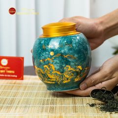 Hũ Đựng Trà Men Lam Mã Đáo Thành Công Vẽ Vàng