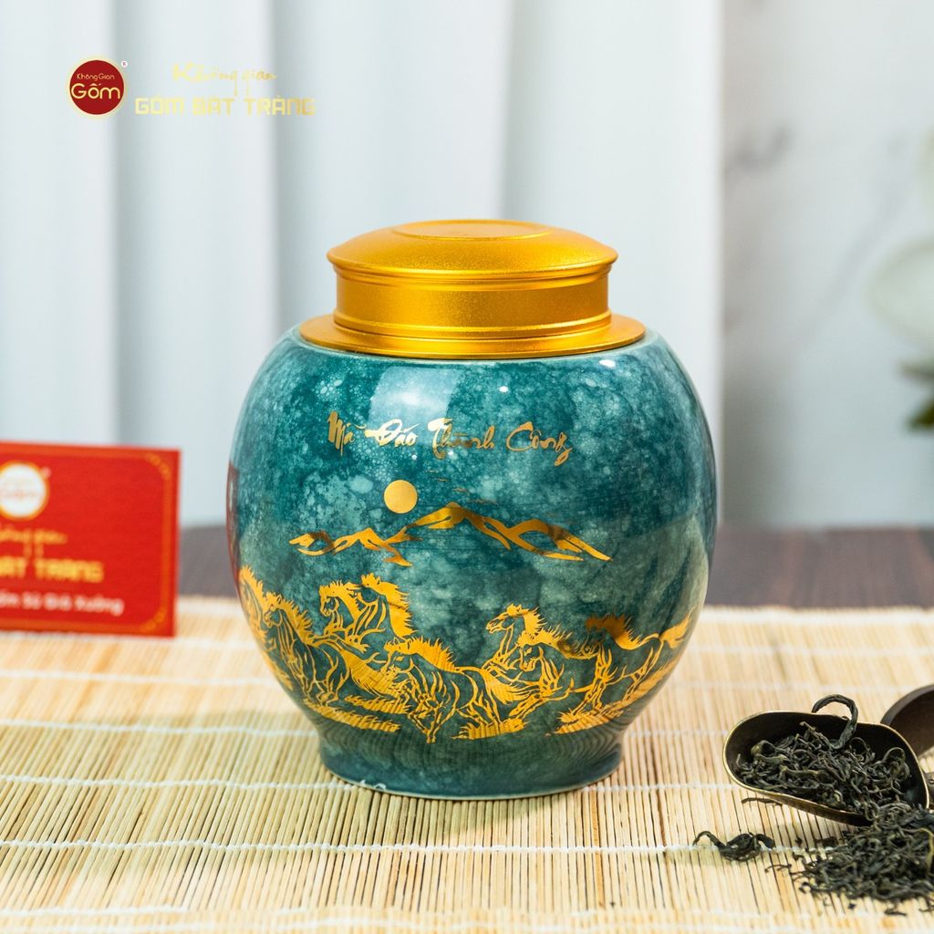 Hũ Đựng Trà Men Lam Mã Đáo Thành Công Vẽ Vàng
