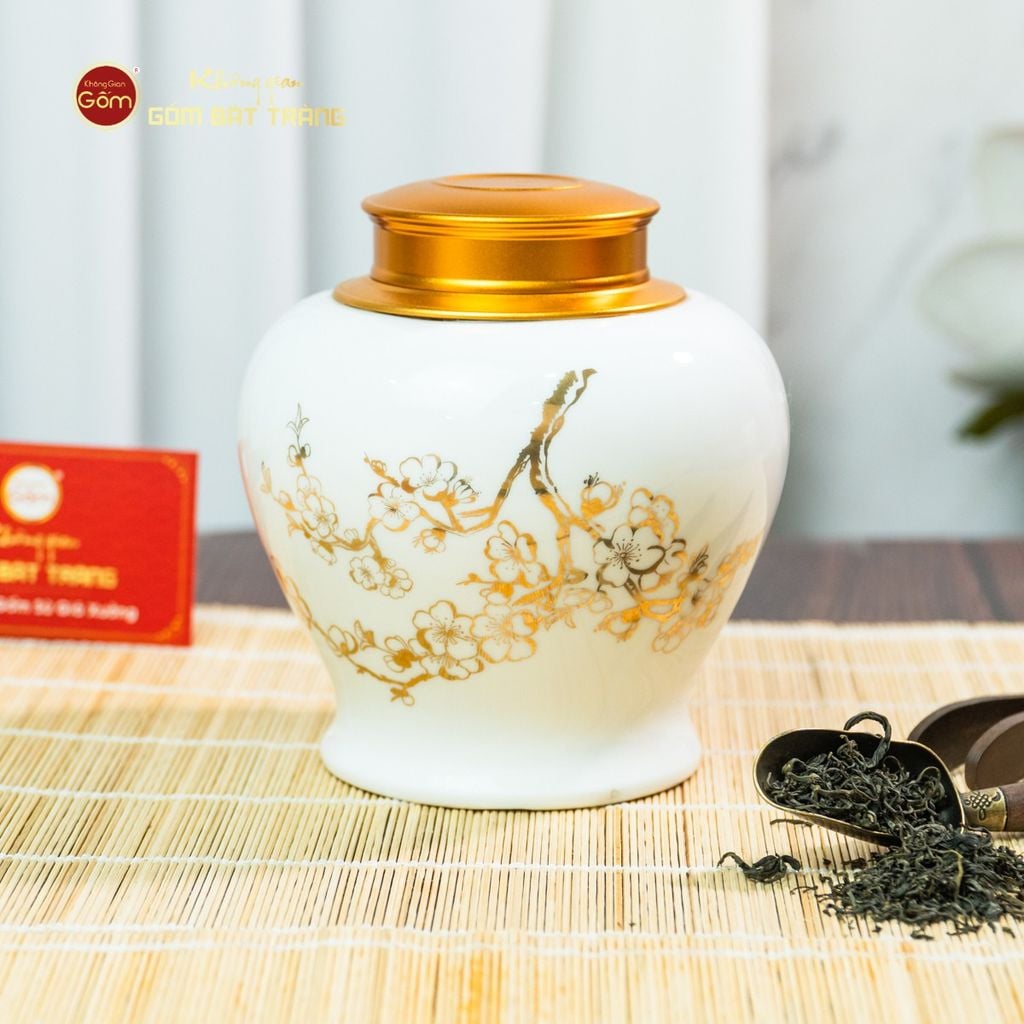 Hũ Đựng Trà Men Trắng Họa Tiết Hoa Mai Vẽ Vàng