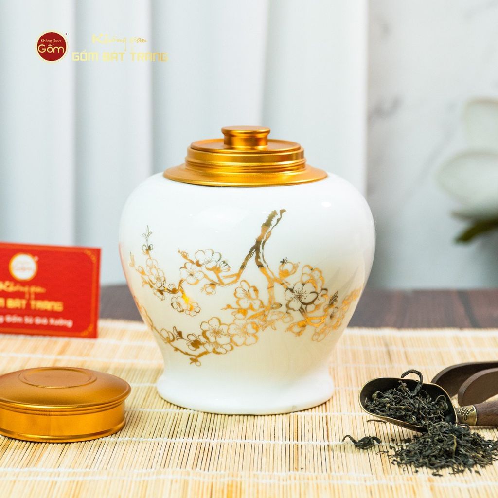 Hũ Đựng Trà Men Trắng Họa Tiết Hoa Mai Vẽ Vàng