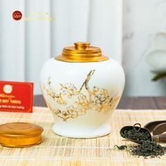Hũ Đựng Trà Men Trắng Họa Tiết Hoa Mai Vẽ Vàng