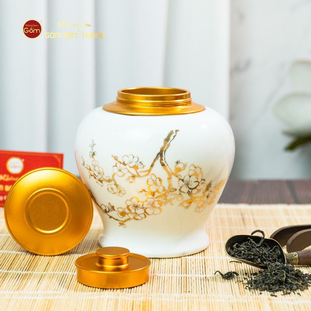 Hũ Đựng Trà Men Trắng Họa Tiết Hoa Mai Vẽ Vàng