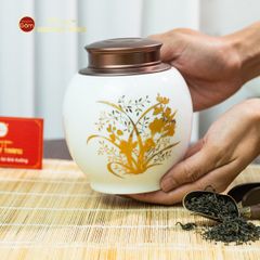 Hũ Đựng Trà Men Trắng Họa Tiết Hoa Vẽ Vàng