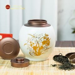Hũ Đựng Trà Men Trắng Họa Tiết Hoa Vẽ Vàng