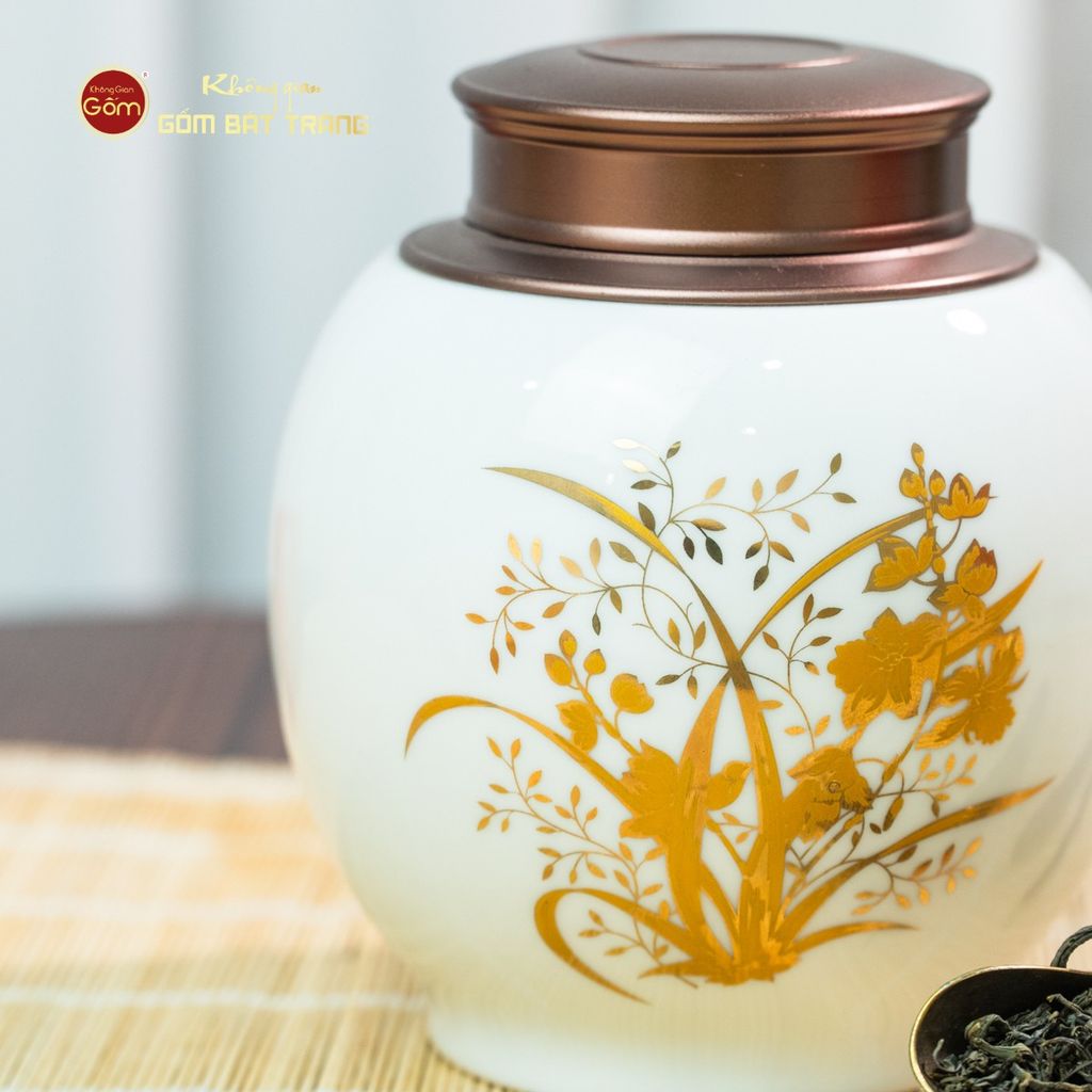 Hũ Đựng Trà Men Trắng Họa Tiết Hoa Vẽ Vàng