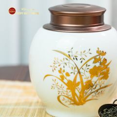 Hũ Đựng Trà Men Trắng Họa Tiết Hoa Vẽ Vàng