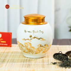 Hũ Đựng Trà Men Trắng Họa Tiết Mã Đáo Vẽ Vàng