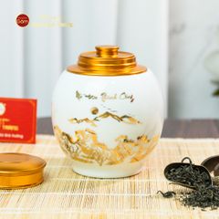 Hũ Đựng Trà Men Trắng Họa Tiết Mã Đáo Vẽ Vàng