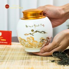 Hũ Đựng Trà Men Trắng Họa Tiết Mã Đáo Vẽ Vàng