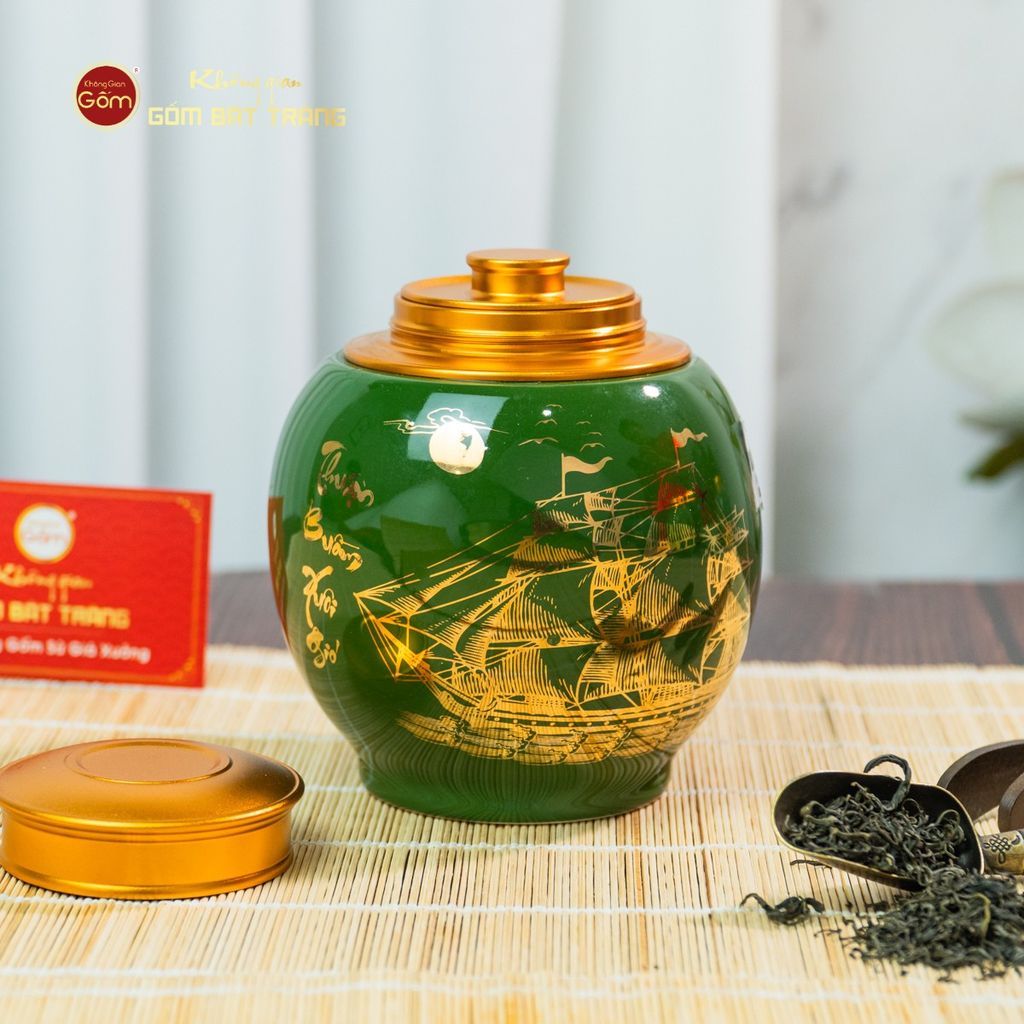 Hũ Đựng Trà Men Xanh Họa Tiết Thuận Buồm Xuôi Gió Vẽ Vàng