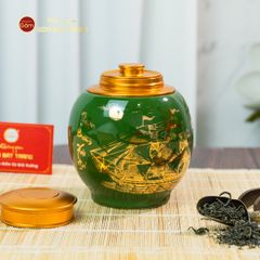 Hũ Đựng Trà Men Xanh Họa Tiết Thuận Buồm Xuôi Gió Vẽ Vàng