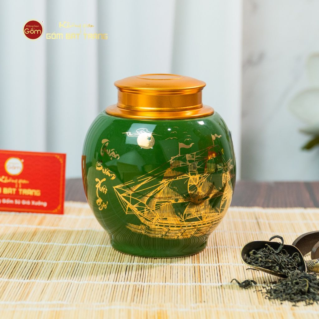 Hũ Đựng Trà Men Xanh Họa Tiết Thuận Buồm Xuôi Gió Vẽ Vàng