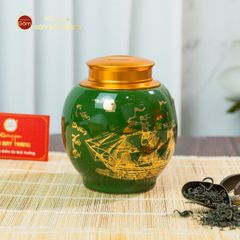 Hũ Đựng Trà Men Xanh Họa Tiết Thuận Buồm Xuôi Gió Vẽ Vàng