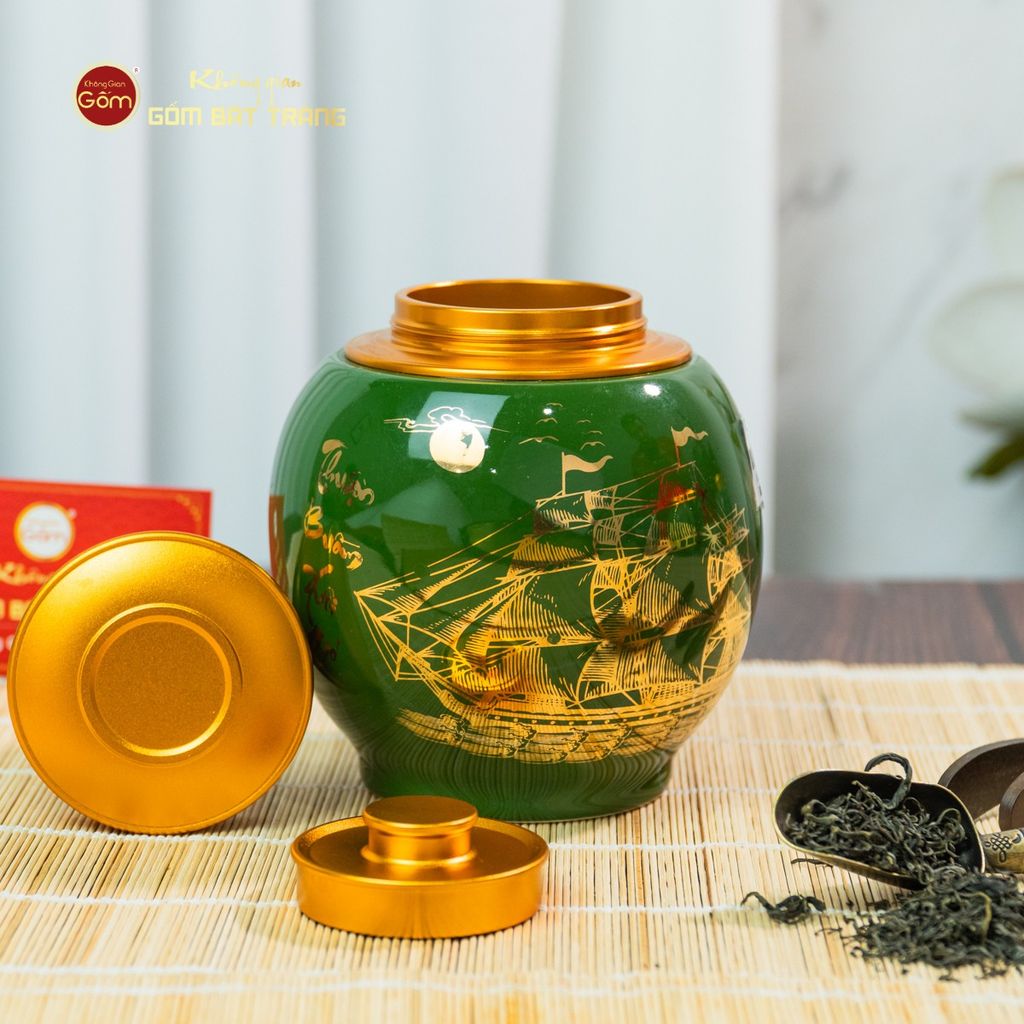 Hũ Đựng Trà Men Xanh Họa Tiết Thuận Buồm Xuôi Gió Vẽ Vàng