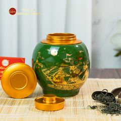 Hũ Đựng Trà Men Xanh Họa Tiết Thuận Buồm Xuôi Gió Vẽ Vàng