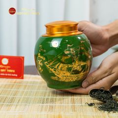 Hũ Đựng Trà Men Xanh Họa Tiết Thuận Buồm Xuôi Gió Vẽ Vàng