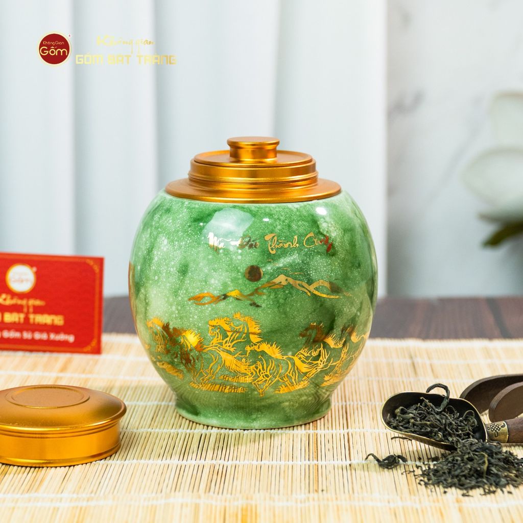 Hũ Đựng Trà Men Xanh Mã Đáo Thành Công Vẽ Vàng