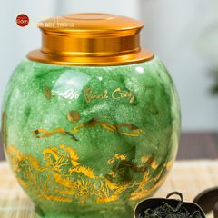 Hũ Đựng Trà Men Xanh Mã Đáo Thành Công Vẽ Vàng