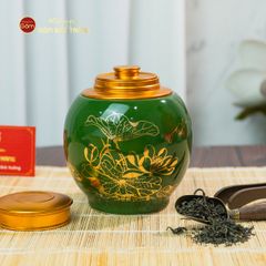 Hũ Đựng Trà Men Xanh Ngọc Họa Tiết Hoa Sen Vẽ Vàng