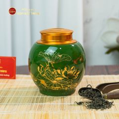 Hũ Đựng Trà Men Xanh Ngọc Họa Tiết Hoa Sen Vẽ Vàng