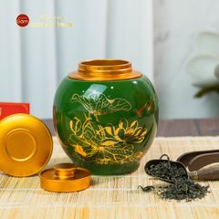 Hũ Đựng Trà Men Xanh Ngọc Họa Tiết Hoa Sen Vẽ Vàng