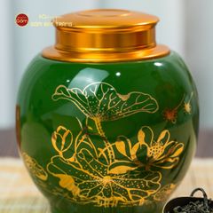 Hũ Đựng Trà Men Xanh Ngọc Họa Tiết Hoa Sen Vẽ Vàng